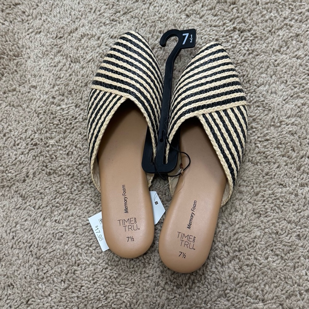 Time and Tru Black and Natural Striped Slip-On Mules